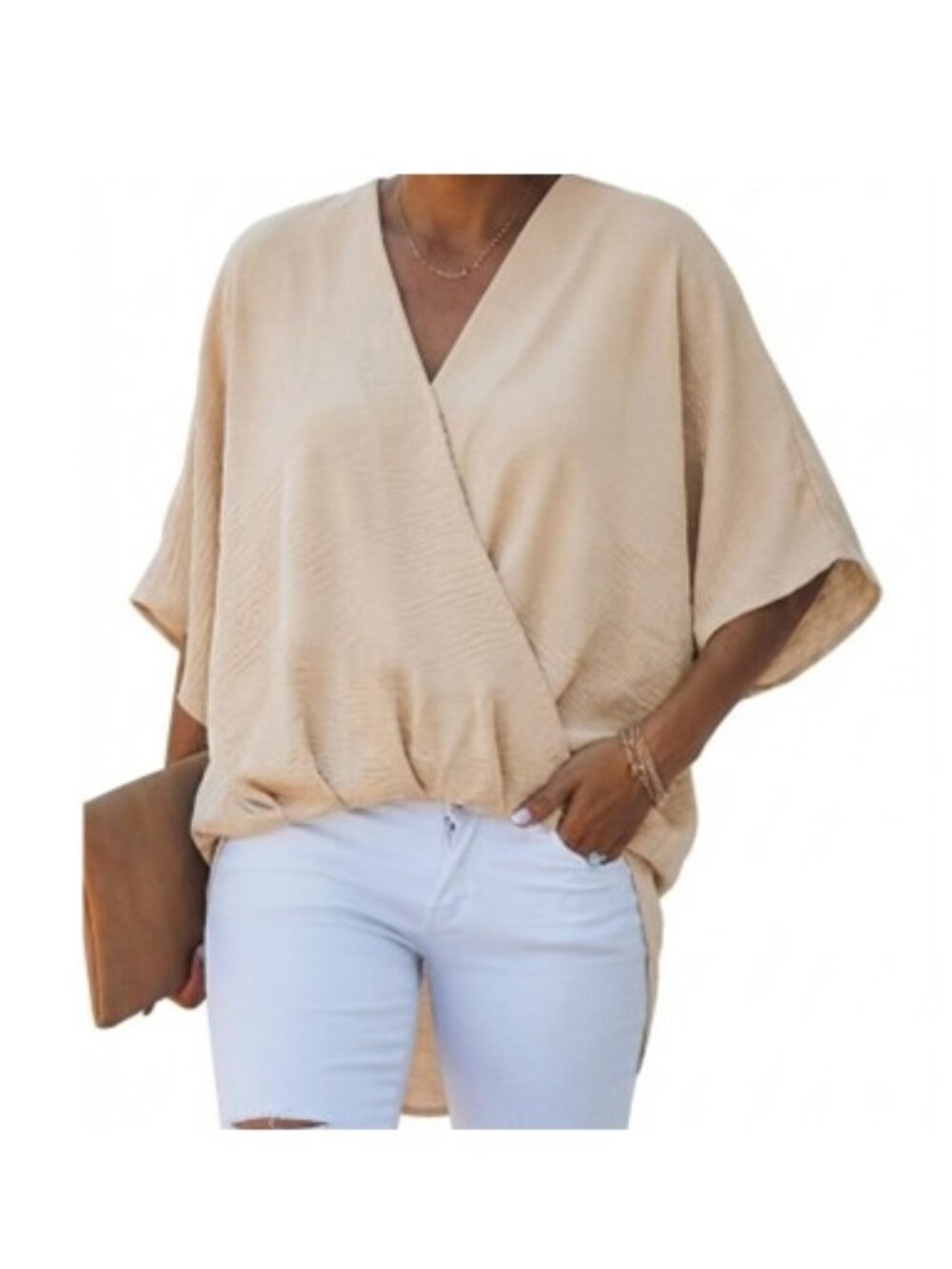 21 Saints Cream Draped V-Neck Faux Wrap Batwing Sleeve Blouse Top Size S